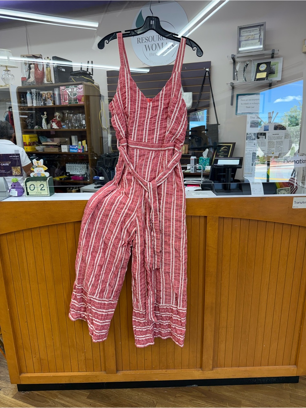 Anthropologie Coral-Red Striped Sleeveless Tie-Waist Jumpsuit